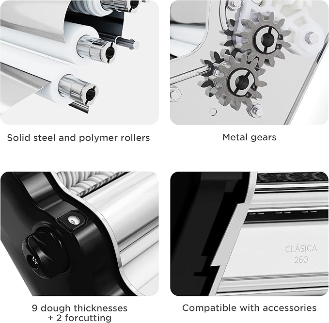 PASTALINDA Classic 260 Pasta Maker Machine, 26 cm Wide Rollers, 9 Thickness Positions, 2 Cutting Positions, Stainless Steel. Includes Reinforced Hand Crank And Two Clamps (Black)