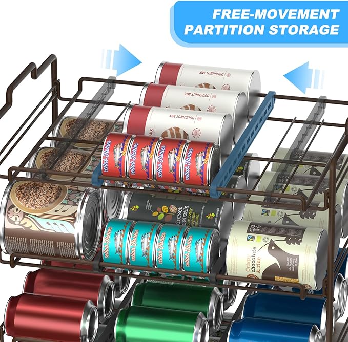 4 Tiers Stackable Can Rack Organizer, Wear-resistant Upgrade Beverage Food Can Dispenser Holder Holds up to 48 Cans for Kitchen Cabinet and Pantry (Brown)