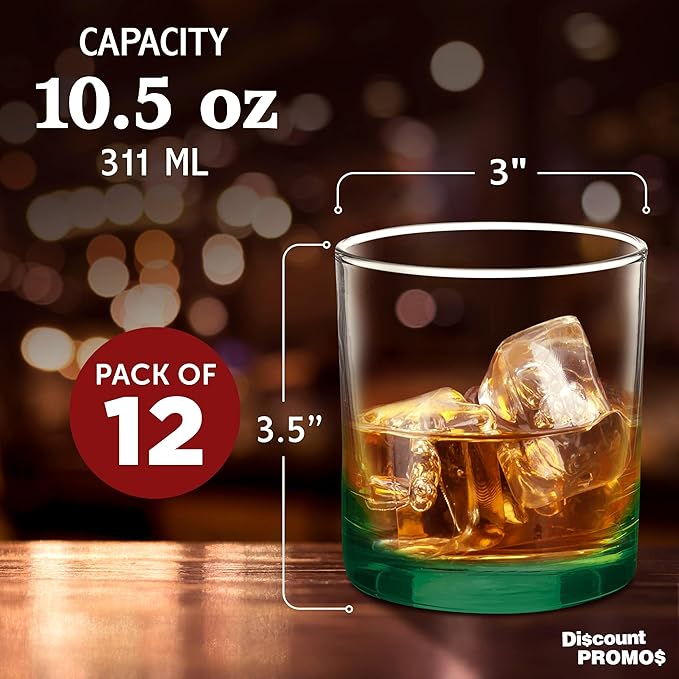 DISCOUNT PROMOS Lexington Rocks Whiskey Glass 10.5 oz, Set of 12, Bulk Pack - Perfect for Scotch, Bourbon, Whiskey, Cocktail - Green