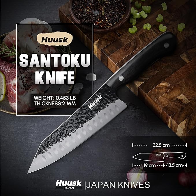 Huusk Knives from Japan Santoku knife - Hand Forged Chef Knife for Meat Cutting - Ideal Kitchen Knife Made From a Single Piece of High Carbon Steel - Full Tang Wooden Handle - Viking Gift for Men