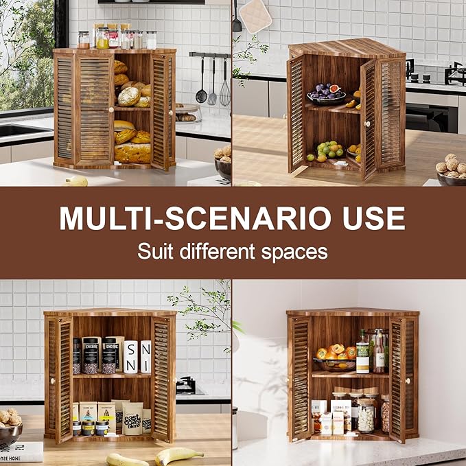 Acacia Corner Bread Box for Kitchen Countertop, Large Double Layer Wooden Bread Storage with Glass Doors