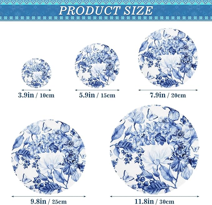 5 Pcs Bowl Covers Reusable in 5 Size Elastic Food Cover Cloth Lids Fresh Keeping Dish Cookware Bakeware Fabric Covers Lids for Food Leftovers Fruits Storage Blue and White