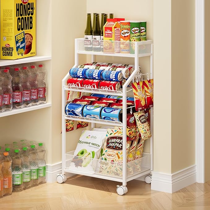 Can Organizer for Pantry - Rolling Snack Cart, Multi-Layer Soda Can Organizer for Pantry, Mobile Beverage Storage Rack with Wheels, Versatile Metal Shelf for Kitchen and Office, White