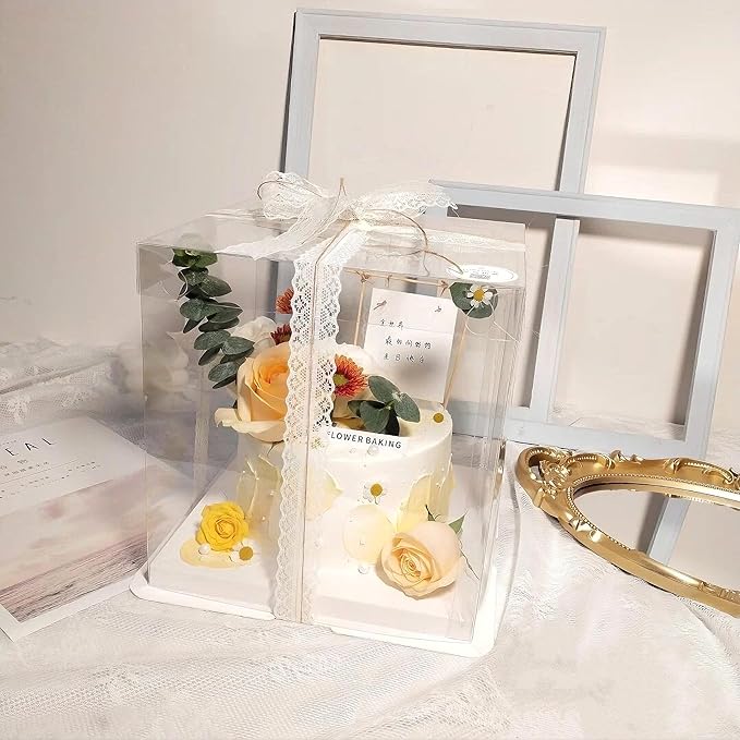 30 Pcs, 12'x12'x11' inch Food Grade Clear Plastic Display Boxes, 29.4 x 29.4 x 25 cm with Ribbon, for Cakes, Bakeries, Desserts, Birthday, Christmas and Thanksgiving