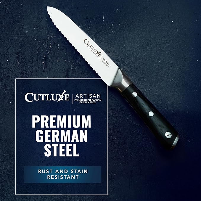 Cutluxe Kitchen Utility Knife – 5" Serrated Ultra Sharp Blade, Ergonomic Handle, Full Tang – Forged High Carbon German Steel – Artisan Series