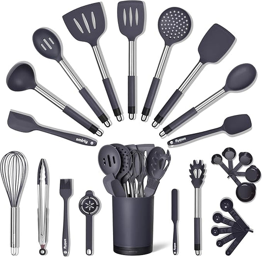 SMIRLY Kitchen Utensils Set – 26-Piece Silicone Cooking Utensils Set, Spatula Set with Holder, Stainless Steel Handle Silicone Kitchen Gadgets for Nonstick Cookware