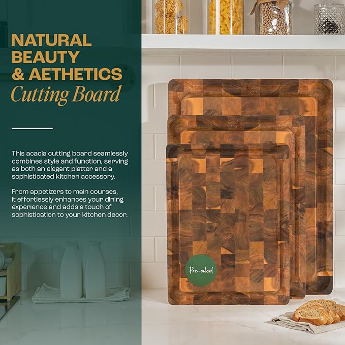 Yes4All Durable Acacia Wood Cutting Board for Kitchen, 24"x15"x1.5" Large End Grain Design, Pre-Oiled Thick Chopping Board with Juice Grooves and Easy Grip Handles, Ideal for Meal Prep and Serving