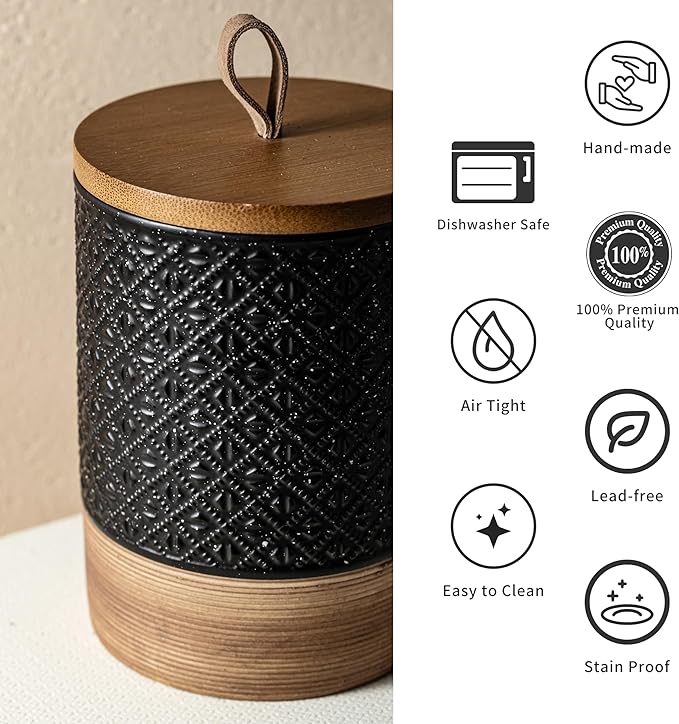 Ceramic Jars with Lid, Small Coffee Canister with Lid, Kitchen Food Storage Jars for Sugar Loose Leaf Tea Candy, Decorative Jar for Countertop, Pantry, Coffee Bar Accessories Black & 20 fl.oz