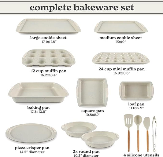 Country Kitchen Nonstick Stackable Bakeware Set - Durable, Easy Release Baking Set, Cream, 14 Pcs