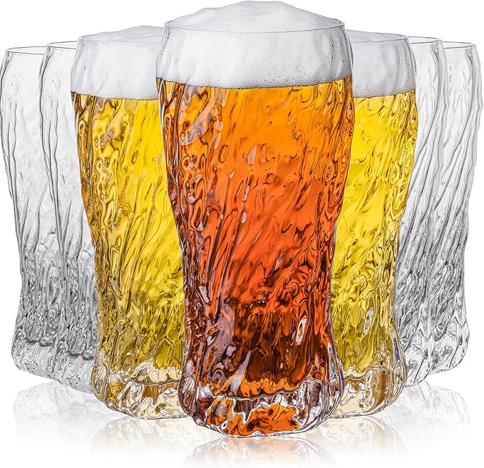 Tall Beer Glasses, Set of 8 Hammered Glass Cups, highball glasses, 17oz Tumbler Drinking Glass Set, Cocktail Drinking Glasses, Water Cups, Bar Glassware, Juice, Iced Tea, Margarita