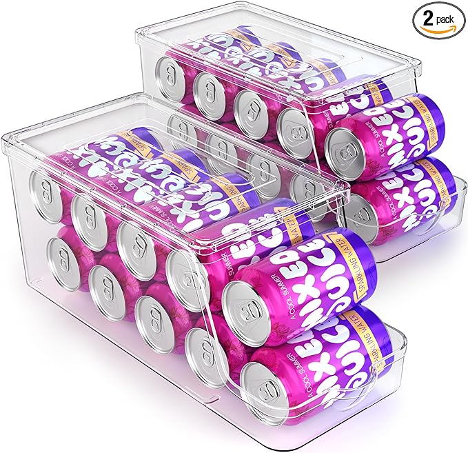 Soda Can Dispenser for Refrigerator with Lids, Stackable Drink Organizer for Fridge, Clear Plastic Refrigerator Organizer Bins, Beverage Can Holders for Pantry, Freezer, Kitchen, Cabinets Set of 2