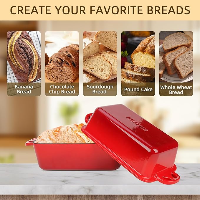 9x5 Enameled Cast Iron Loaf Pan with Lid - 2 in 1 Homemade Sourdough Bread Baking Pan