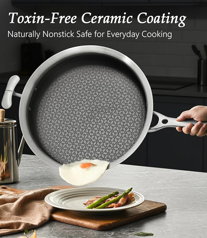 Saute Pan with Lid–12 Inch Deep Frying Pan 5.5qt for Stir-Fry & Searing,5-Ply Stainless Steel Saute Pan Nonstick Non Toxic, PTFE & PFOA Free Non Stick Skillet,Induction, Oven & Dishwasher Safe