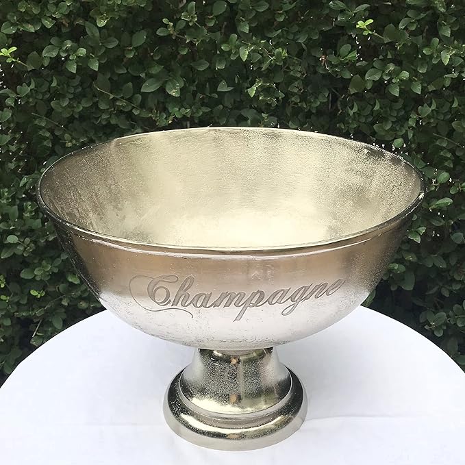 WHW Whole House Worlds Luxury Champagne Bucket with Old World Panache, Elegant Script Text Details, Hand Cast of Silver Aluminum, Pedestal Base, Party Sized, 18.5 Inches Diameter, 13.5 Inches Tall