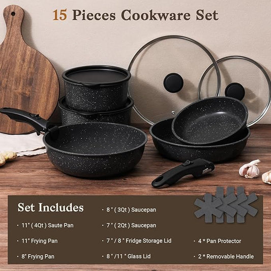 15Pcs Pots and Pans Set Non Stick, Cookware Sets with Detachable Handle, Nonstick RV Kitchen Cooking Tools Removable Handles, Oven Safe, Induction Fast, Stackable Induction Cookware,Black