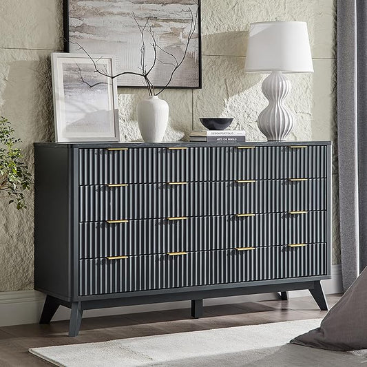 T4TREAM Fluted 8 Drawers Dresser, 54" Wide Modern Chest of Drawers with Faux Marble Top, Curved Profile Design, Dresser TV Stand, Wood Drawer Organizer for Bedroom, Living Room, Hallway, Dark Grey