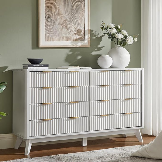 T4TREAM Fluted 8 Drawers Dresser, 54" Wide Modern Chest of Drawers with Faux Marble Top, Curved Profile Design, Dresser TV Stand, Wood Drawer Organizer for Bedroom, Living Room, Hallway, Solid White