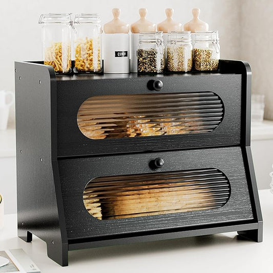 Bread Box for Kitchen Countertop,Double Layer Large Capacity Bamboo Bread Storage Container with Acrylic Wavy Door Panel for Kitchen Counter,Cabinet,Pantry(Black)