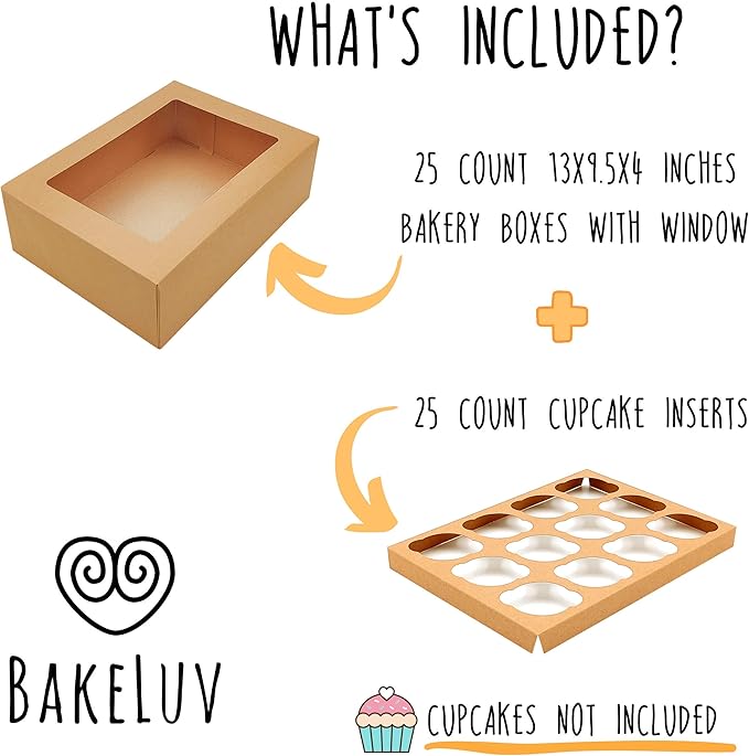 BAKELUV Brown 12 Cupcake Boxes, Cupcake Containers | 13x9.5x4, 25 Pack | 12 Cupcake Box Bulk, Cupcake Boxes 12 Count Carrier, Option to 14x10x4 Bakery Boxes with Window, ¼ Sheet Cake Box 13x9 Inches