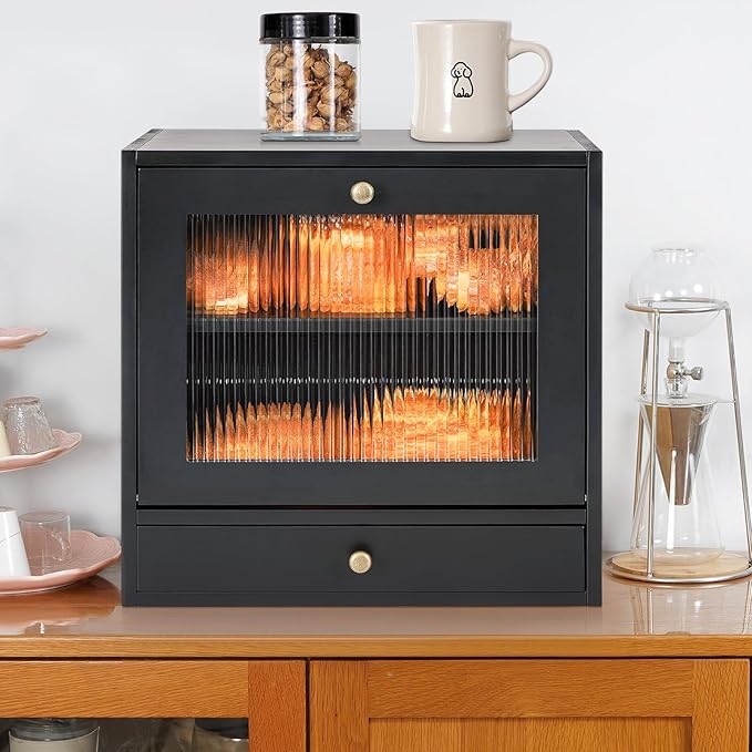 Sunhoo Bread Box for Kitchen Countertop Bin 2 Layer Wooden Bread Storage Breadbox Holder Large Capacity Container Bread Organizer Farmhouse Keeper Shelf with Drawer Acrylic Window (Black