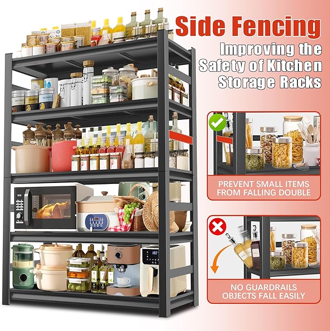 Adjustable Kitchen Organizers and Storage Shelves - Freestanding Microwave Stand - 5 Tier Bakers Rack for Pantry Appliance Storage, Space-Saving Metal Shelving
