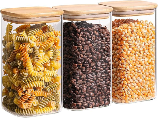 ComSaf 1.4 Qt Glass Storage Containers with Lids, Glass Jars with Lids, Clear Food Storage Jar, Square Canister Set of 3, Pantry Organizers and Storage for Flour Oat Pasta Tea Cookie Coffee Bean