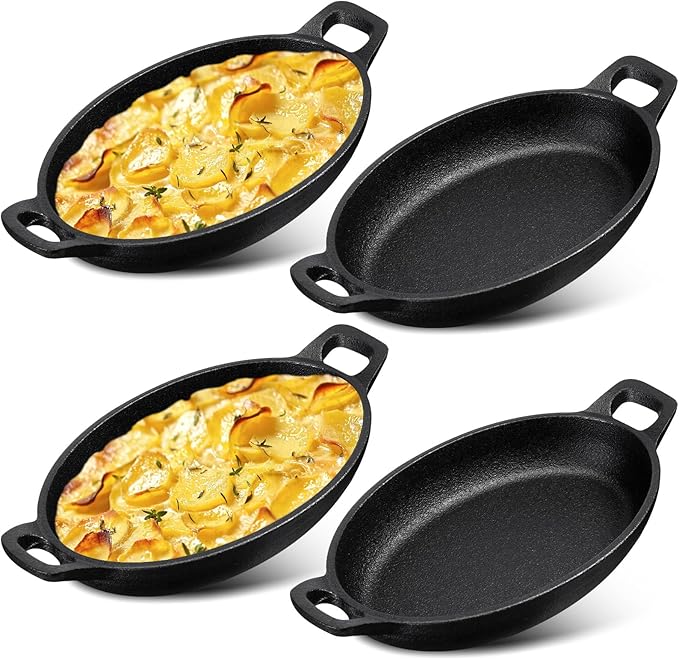 Mifoci 4 Pcs Oval Serving Dish Mini Cast Iron Skillet Cast Iron Baking Pan Sizzling Plate Matte Black Gratin Cookware for Home Restaurant Kitchen Food Service Barbecue (7.1" X 4.7")