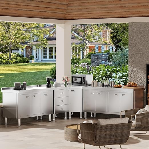 WWK 47" x 21" Stainless Steel Prep Table with Cabinet, Commercial Kitchen Table for Prep & Work, Heavy Duty Work Table with 3 Doors for Kitchen, Restaurant, Hotel, Garage and Cafe