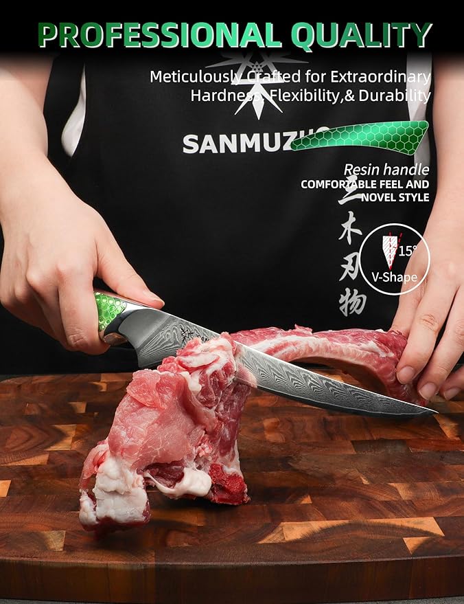 7 inch Fillet Knife, Japanese VG-10 Damascus Steel Kitchen Fish Knife with Ultra Sharp Blade and Full-tang Green Resin Handle
