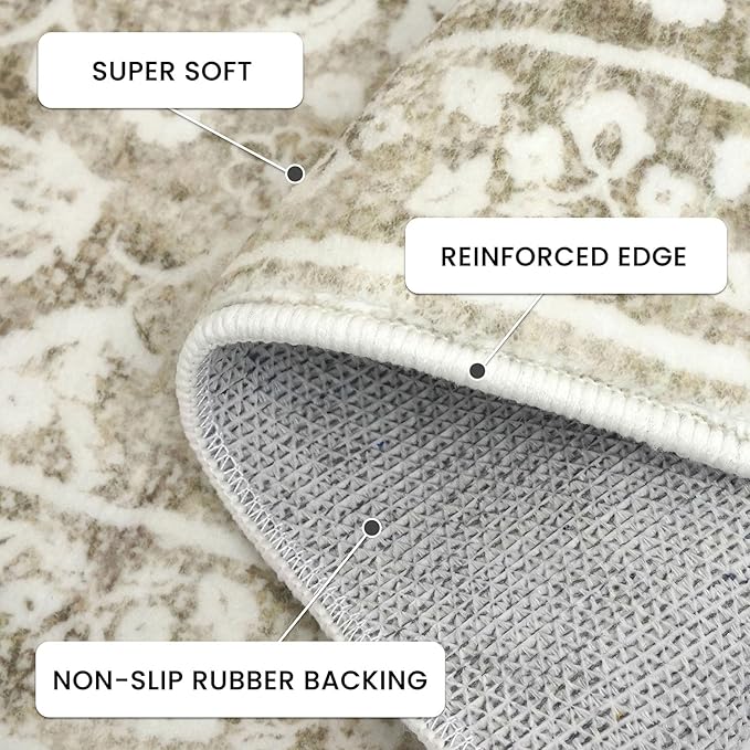 Vintage Runner Rugs for Hallway 3x10, Beige Washable Long Hallway Runner Rug Non Slip, Super Soft Kitchen Runner Rug, Print Faux Wool Floral Thin Carpet Runner for Entryway Bedroom