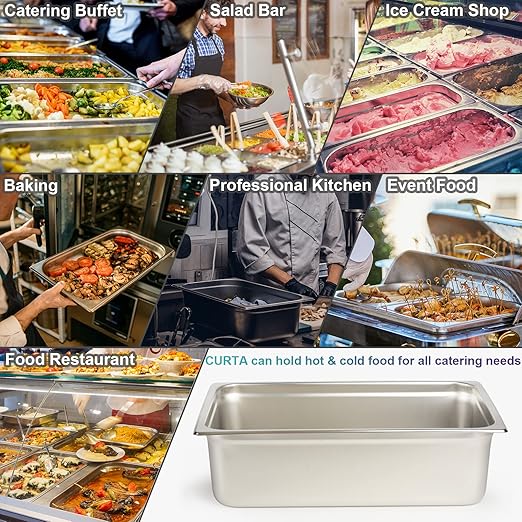 CURTA 6 Pack Full Size 6" Deep Anti-Jam Hotel Pans, NSF Certified 18/8 Stainless Steel Steam Table Food Pans for Catering, Buffet, Restaurant, Commercial Kitchen, Dishwasher Safe, Freezer Safe