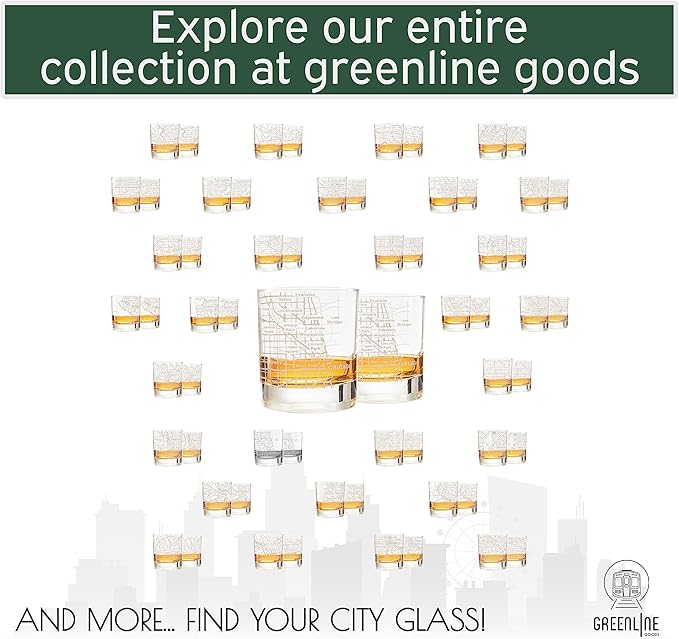 Greenline Goods - Chicago Map Etched Whiskey Glass Perfect for Bourbon, Scotch, Liquor, Cocktail - Crystal Whiskey Glasses Set of 2 - Best Tasting Experience with Vintage Rocks Glasses