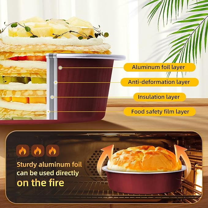 Beasea Disposable Mini Pie Tins with Lids, 120 Pack 4” 7.3oz 215ml Small Round Aluminum Baking Tart Foil Container for Individual Dessert Cupcake Cheesecake Ramekin Quiche Oven Dishes - Wine Red