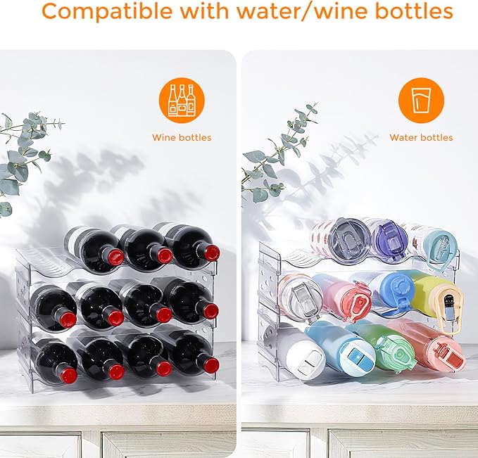 BoxedHome Plastic Water Bottle Organizer and Wine Rack Storage Holder for Inside Cabinet, Kitchen Countertop, Table Top, Pantry, Bars, Cabinets, Fridge - Clear (3 Tier 12 Containers)