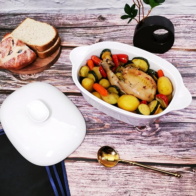 Casserole Dish with Lids, 2 Quart French White Ceramic Tureens, 12.8" x 7.9" Baking Dish, Serving Tureen Soup, for Casseroles, Lasagna Cookware Set, Microwave, Oven Safe