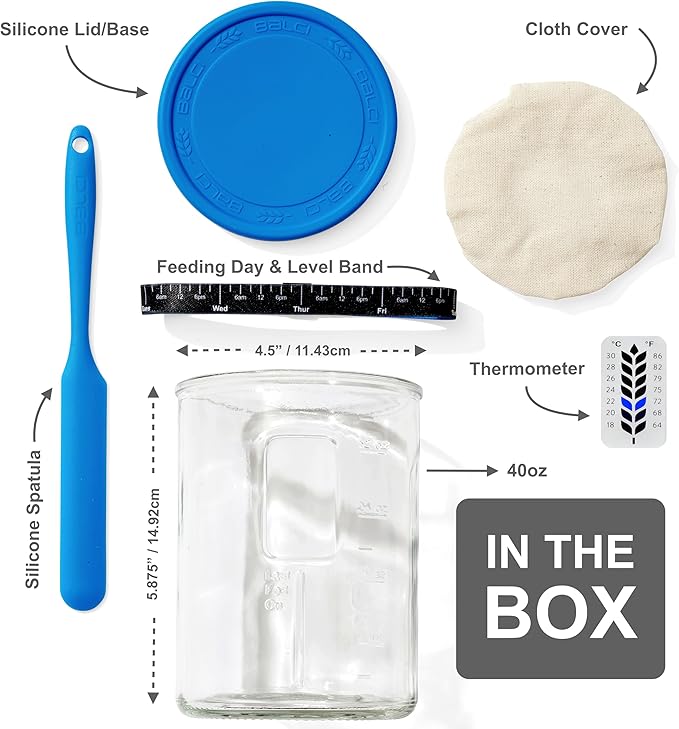 Premium Sourdough Starter Jar - 40oz Large Sourdough Jar with Marked Feeding Band, Thermometer, Scraper, Cloth Cover and Silicone Lid/Base, Wide Mouth Starter Kit - Blue