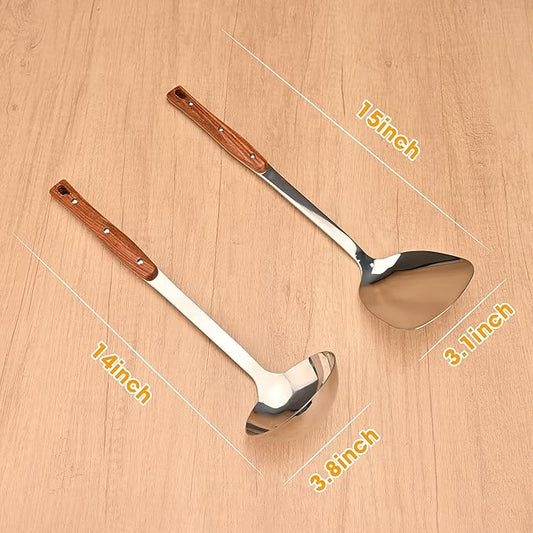 FJNATINH 2Pack Stainless Steel Wok Utensils, Heat Resistant Wok Spatulas and Ladle, with Wooden Handle, for Serving, Turning, Cooking, Stirring, Soup