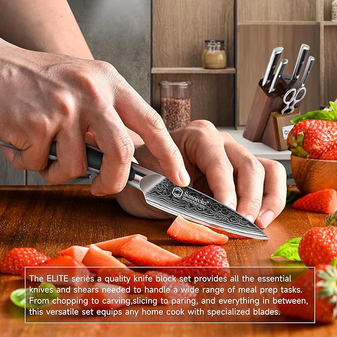 Sunnecko Damascus Kitchen Knife Set - Sharp Kitchen Knife Set of 7pcs with Japanese Damascus Steel VG10 - Professional Kitchen Knife Block Set with Full-tang Stainless Steel Handle