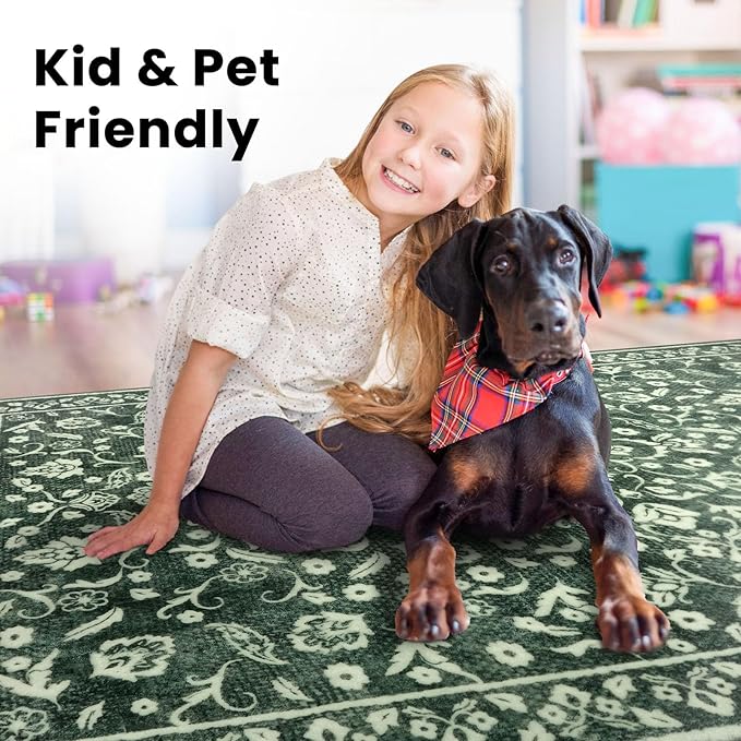 Vintage 2x7 Runner Rug, Forest Green Washable Runners for hallways, Super Soft Kitchen Runner Rug Non Slip, Print Faux Wool Floral Thin Carpet Runner for Entryway Indoor Bedside Runner