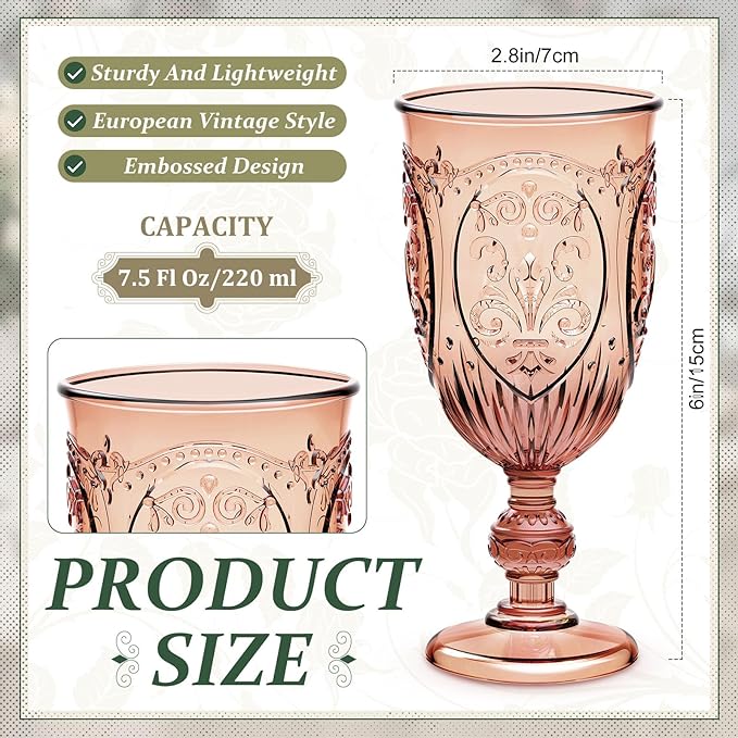 24 Pcs Plastic Goblets 7.5oz Vintage Goblet Plastic Wine Glasses Colored Retro Embossed Water Goblets for Wine Bar Juice Baby Shower Wedding Reception Grand Event Party (Rose Gold)
