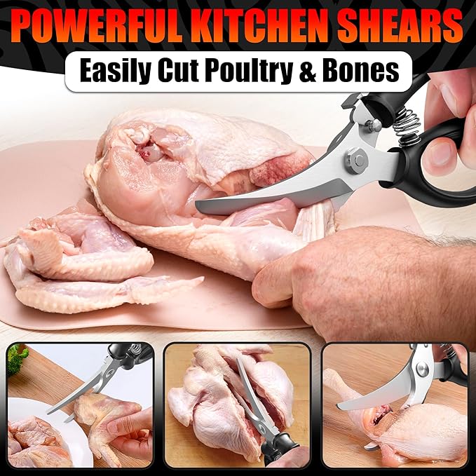 Chicken Shears – Stainless Steel Heavy Duty Poultry Shears | Meat, Vegetables, Seafood | Fish Scale Remover & Bone Scissors | Non-Slip Serrated Saw-Like Edge, Safety Lock & Spring-Loaded Mechanism