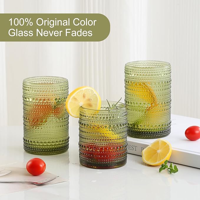 Vintage Hobnail Drinking Glasses Set of 8,Green 12 oz & 15oz Highball Glass Cups, Kitchen Drinkware Glassware,Embossed Water Tumbler,for Beer,Cocktail,Whiskey,Juice and Various Mixed Drinks