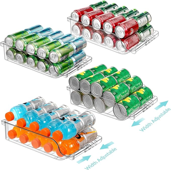 4 Packs Clear Width Adjustable Soda Can Organizer for Refrigerator Expandable Soda Can Dispenser for Beer Soda Seltzer Pop Can Soda Expand Organizer for Fridge Kitchen Pantry