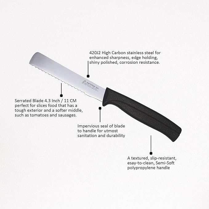 Breakfast Knife, MATTSTONE HILL 4.3 Inch Kitchen Utility Knife - All Purpose Knife, Premium Stainless Steel, Semi Soft Handle, Black