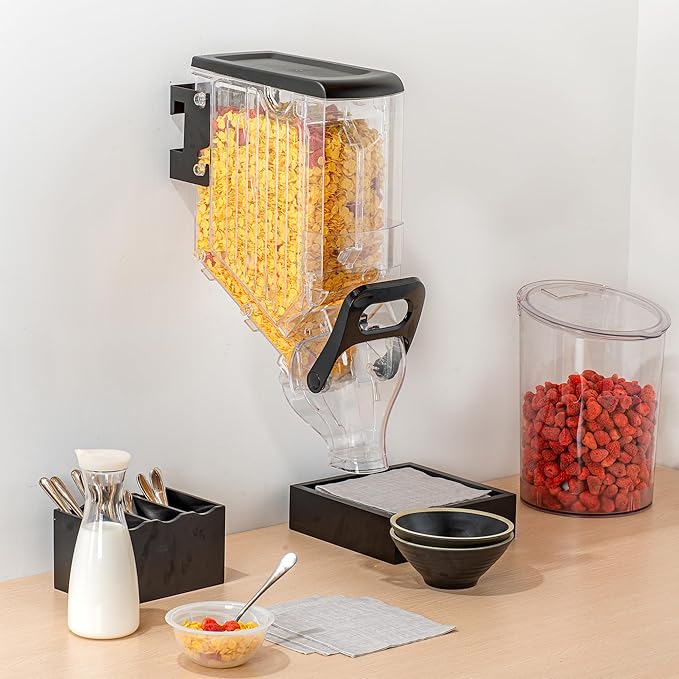 Restaurantware-Met Lux 3.4 Gallon Dry Food Dispenser, 1 Airtight Cereal Dispenser - Wall-Mounted, Single Control, 1 Black Plastic Grain Holder, For Snacks, Nuts, Or Coffee Beans
