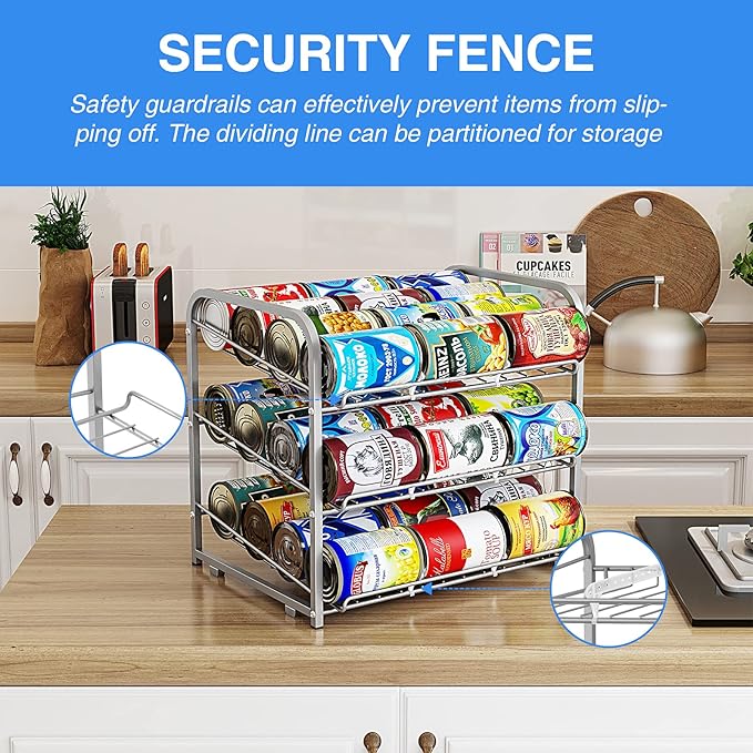 AIYAKA Can Rack Organizer, 3 Tier Stackable Can Storage Dispenser,for Food Storage, Kitchen Cabinets or Pantry, Storage for 36 Cans, Silver