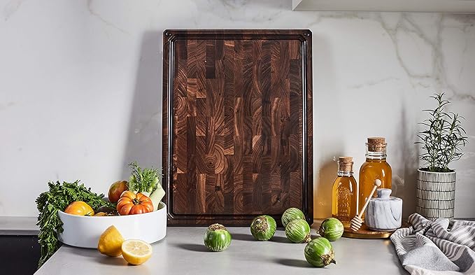 Sonder Los Angeles, Made in USA, Large Thick End Grain Walnut Wood Cutting Board with Non-Slip Feet, Juice Groove, Sorting Compartments for Kitchen 17x13x1.5 in (Gift Box Included)