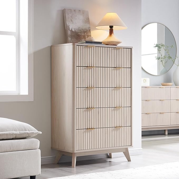 T4TREAM Fluted 5 Drawers Dresser, 48" Tall Modern Chest of Drawers, Curved Profile Design, Wood Drawer Organizer for Bedroom, Living Room, Hallway, Entryway, White Alder