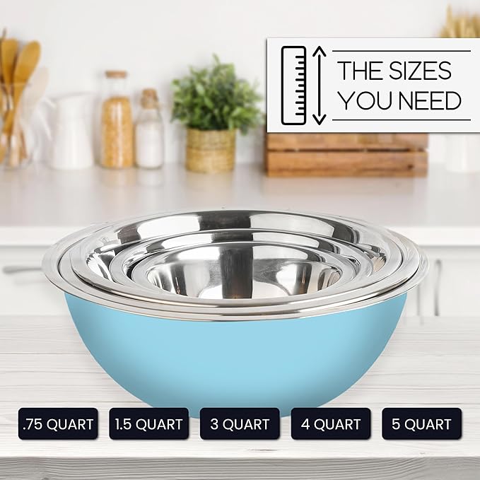 WHYSKO Meal Prep Stainless Steel Mixing Bowls Set, Home, Refrigerator, and Kitchen Food Storage Organizers | Ecofriendly, Reusable, Heavy Duty (Light Blue)