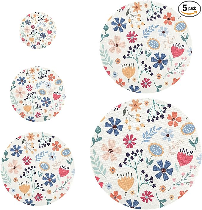 5 Pcs Bowl Covers Reusable in 5 Size Elastic Food Cover Cloth Lids Fresh Keeping Dish Cookware Bakeware Fabric Covers Lids for Food Leftovers Fruits Storage Flower Collection